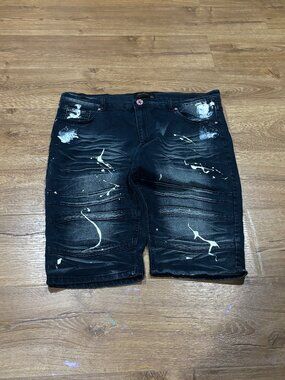 Demoliton Brand Leather Tag Dark Blue Faded Wash Paint Splatter Denim Blue Jorts